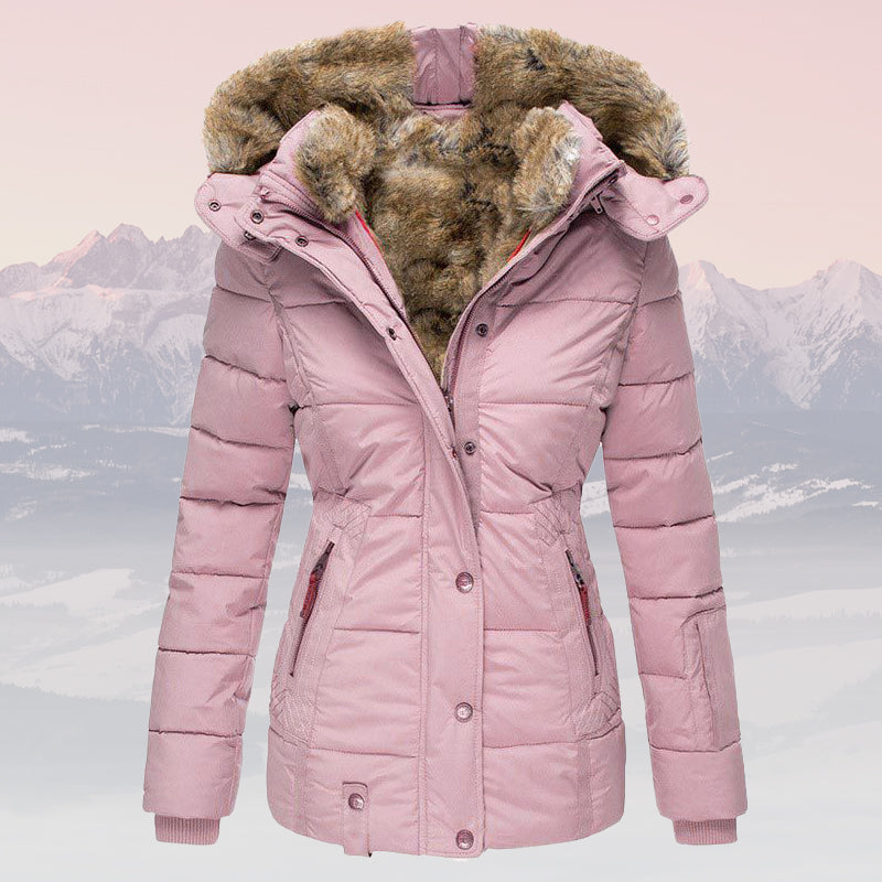 Women's winter warm fur-collar zipper hooded jacket