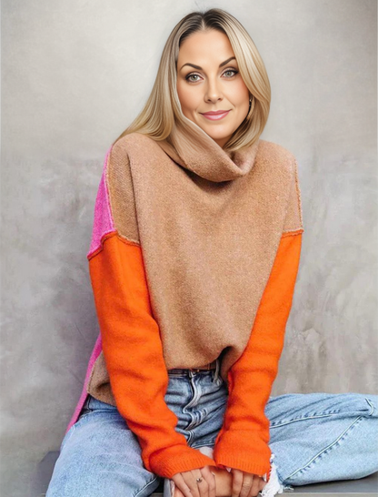 Women’s Pullover Sweatshirt – Relaxed Fit – Cowl Neck – Soft Knit – Color Block Design