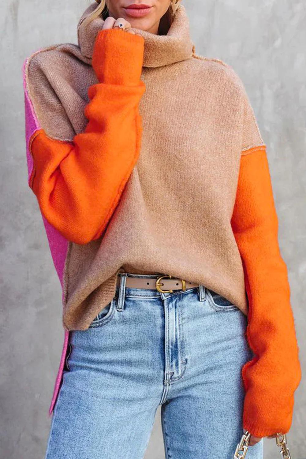 Color Block Soft Knit Relaxed Pullover Sweatshirt 