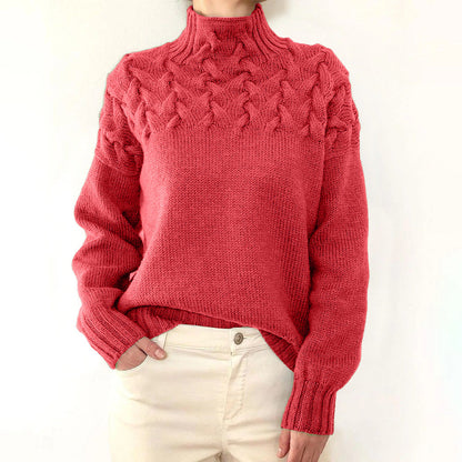 Women's high collar cable knit long sleeve sweater