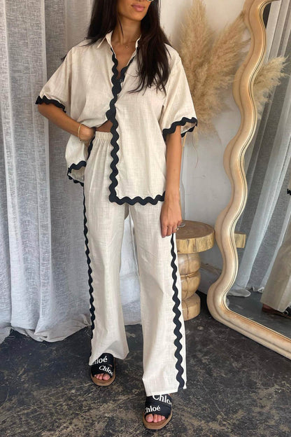 Women's wavy stitching blouse and long pants set