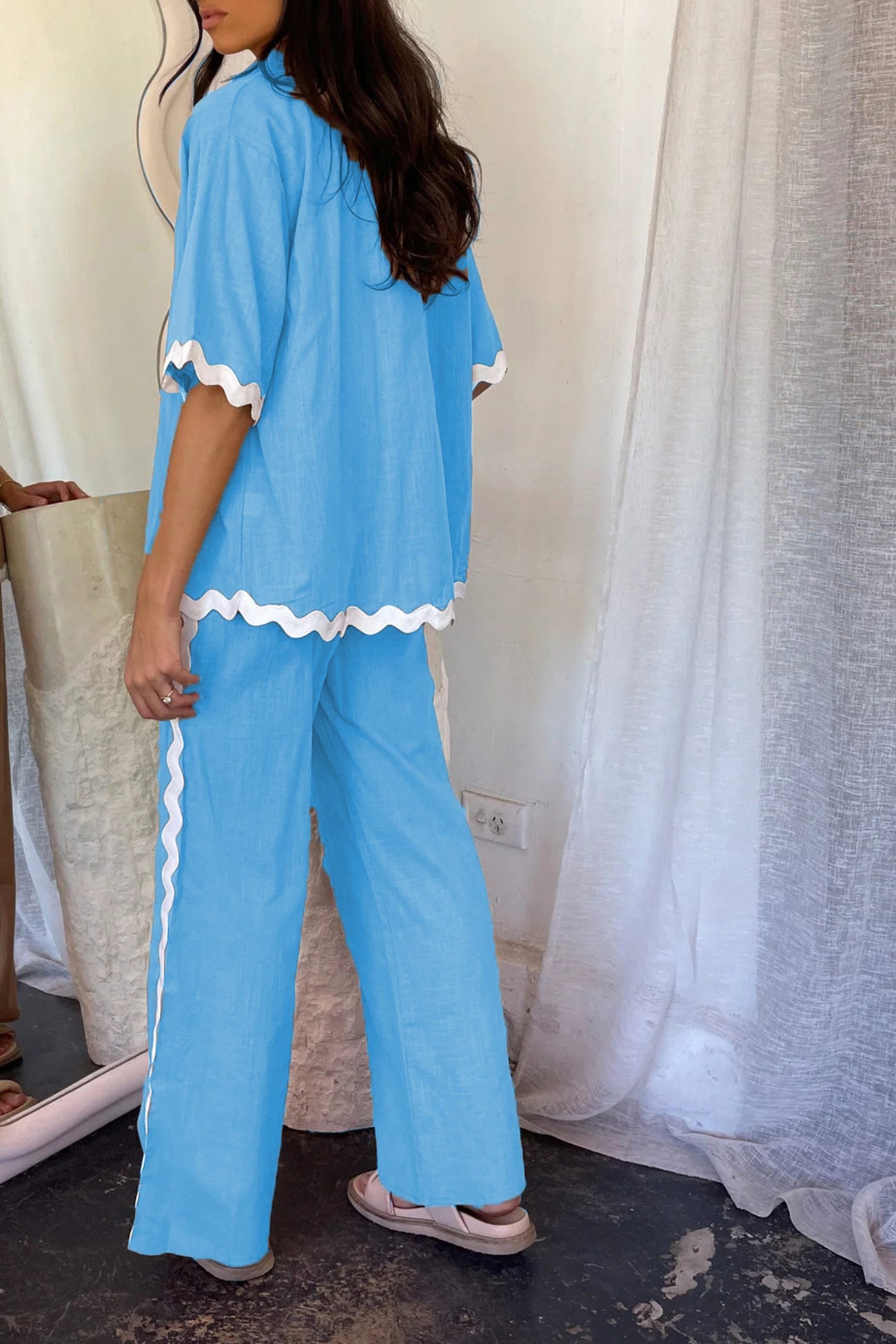 Women's wavy stitching blouse and long pants set