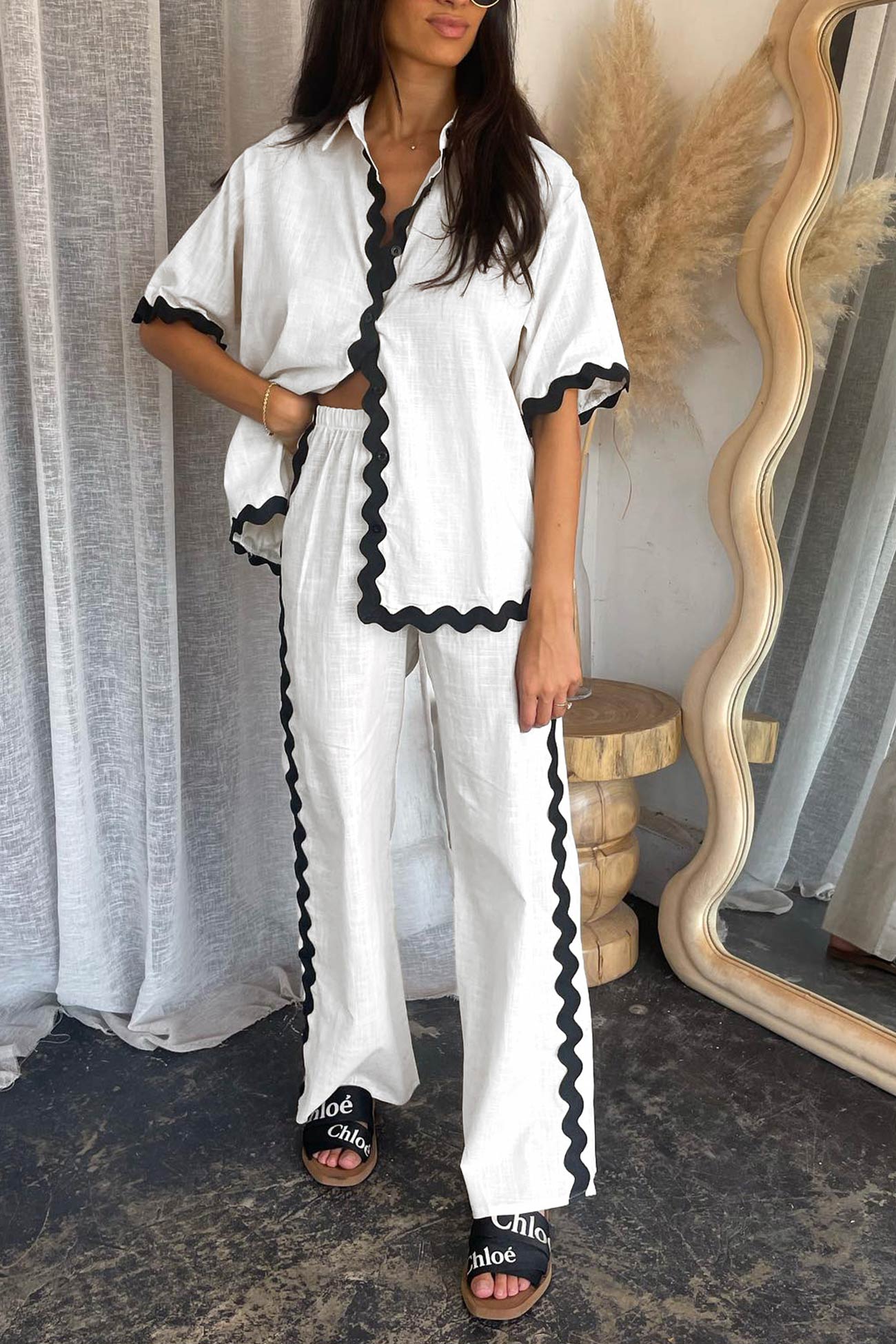 Women's wavy stitching blouse and long pants set
