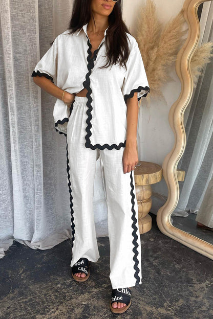 Women's wavy stitching blouse and long pants set