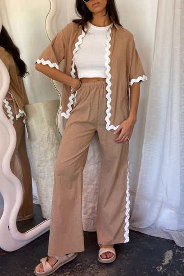 Women's wavy stitching blouse and long pants set