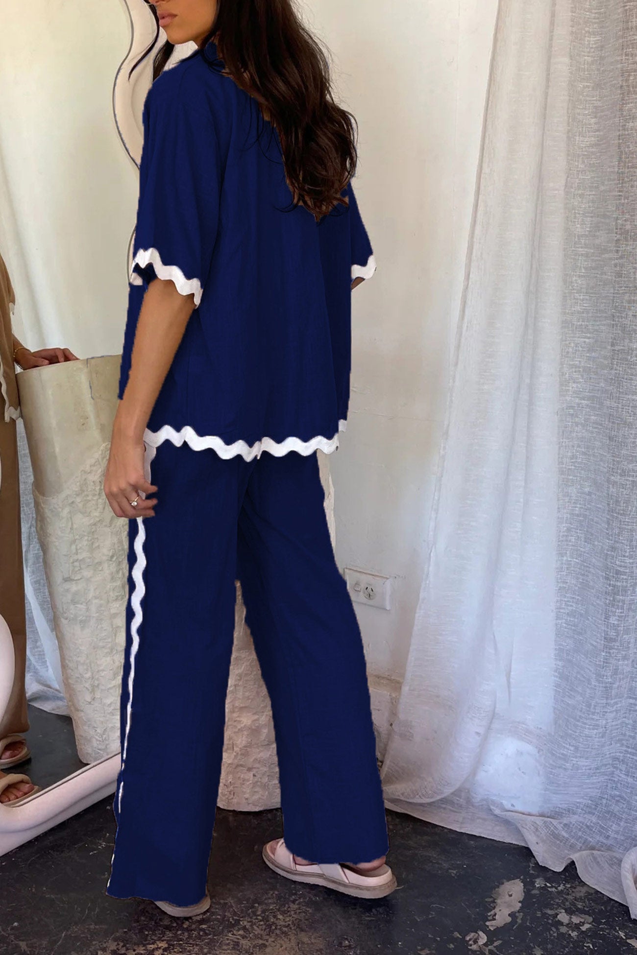 Women's wavy stitching blouse and long pants set