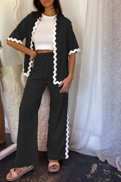 Women's wavy stitching blouse and long pants set
