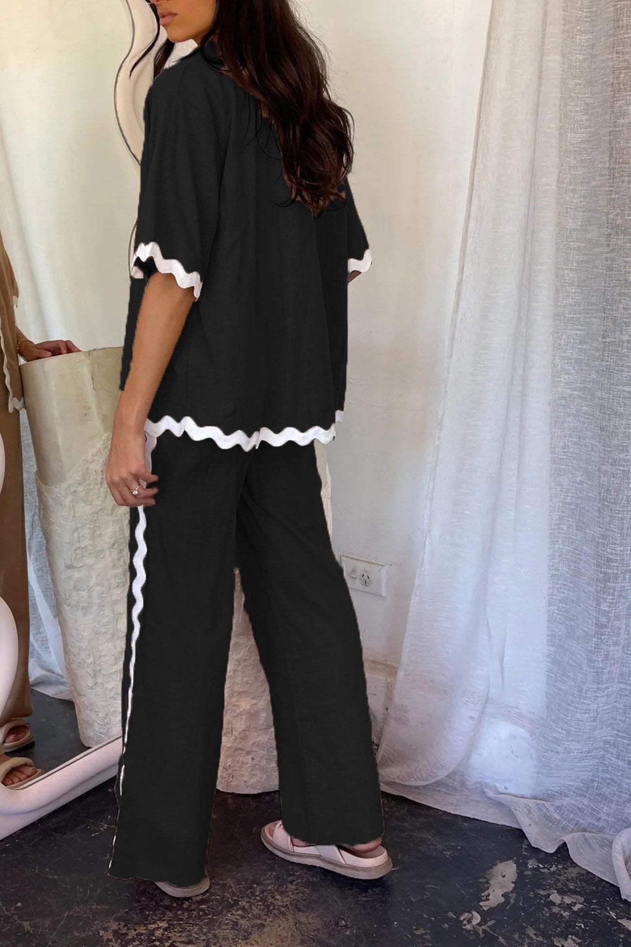 Women's wavy stitching blouse and long pants set