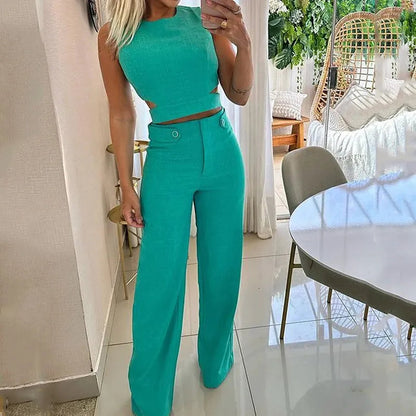 Women's Two-Piece Set - Sleeveless Crop Top & High-Waisted Wide-Leg Pants - Chic Fit
