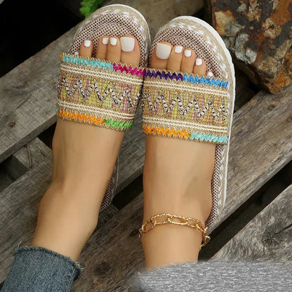 Women's Woven Slide Sandals - Bohemian Style - Elevated Sole - Casual Comfort