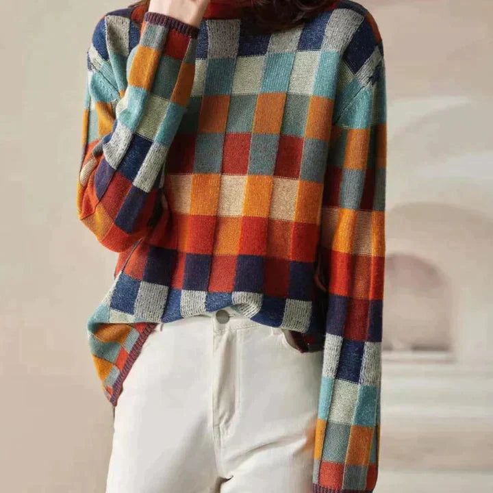 Multicolor Checkered Turtleneck Sweater
