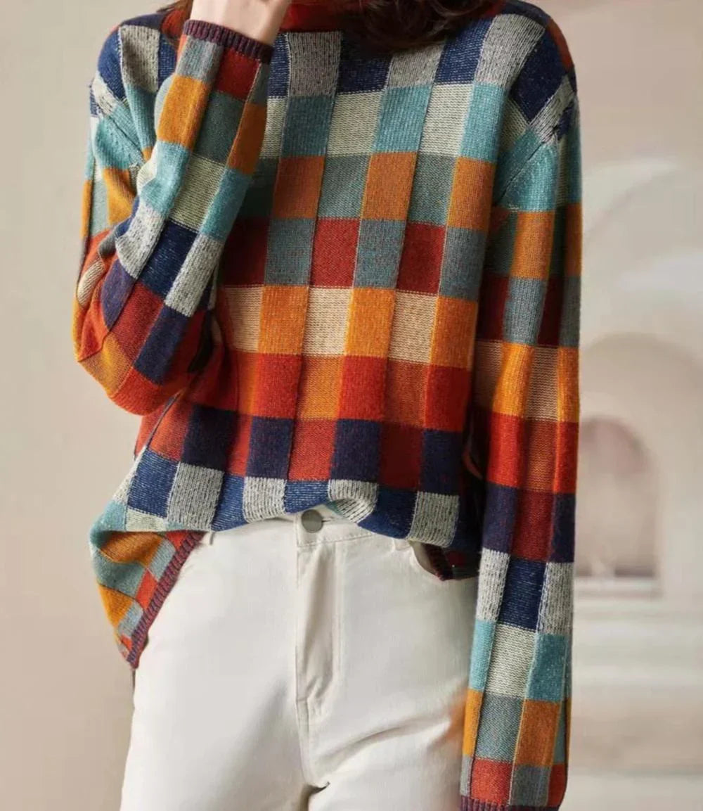 Women's colorful checkered high collar sweater
