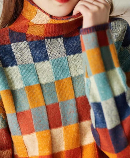 Women's colorful checkered high collar sweater