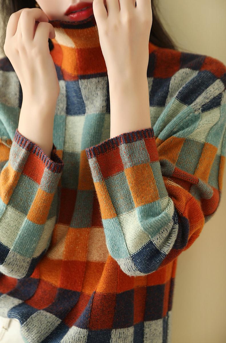 Women's colorful checkered high collar sweater
