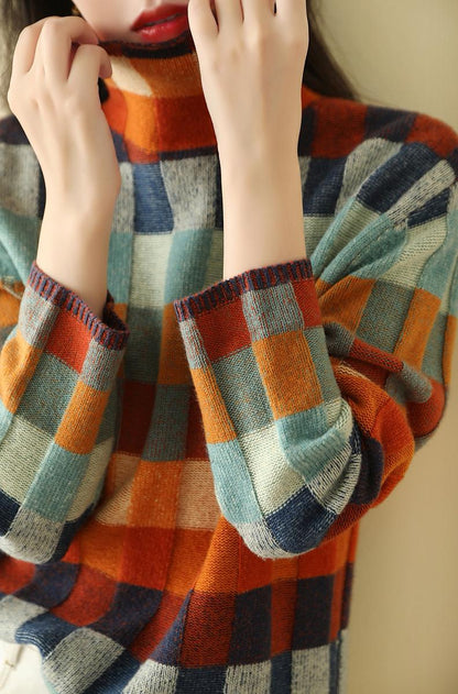 Women's colorful checkered high collar sweater