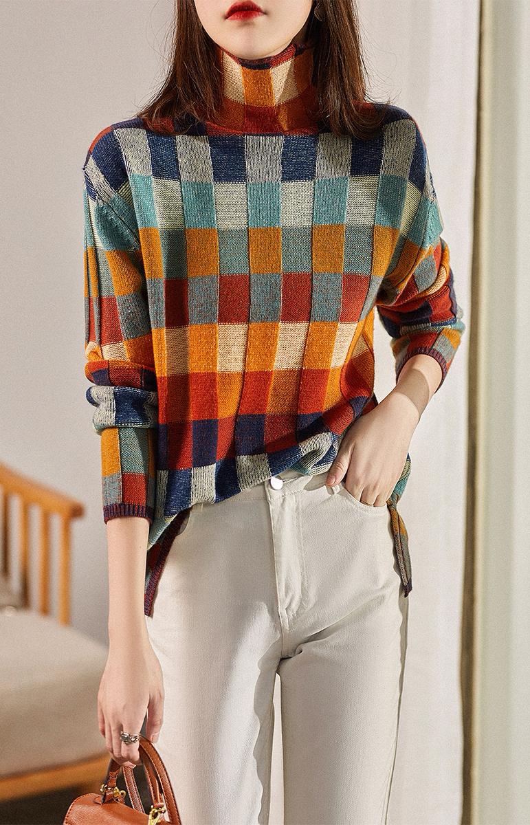 Women's colorful checkered high collar sweater