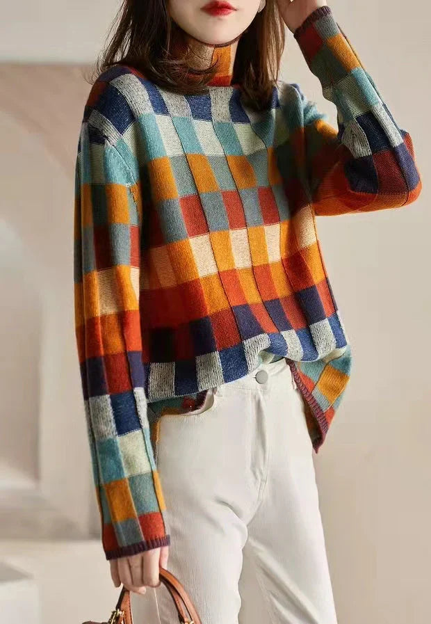 Women's colorful checkered high collar sweater