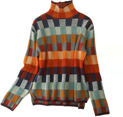 Women's colorful checkered high collar sweater
