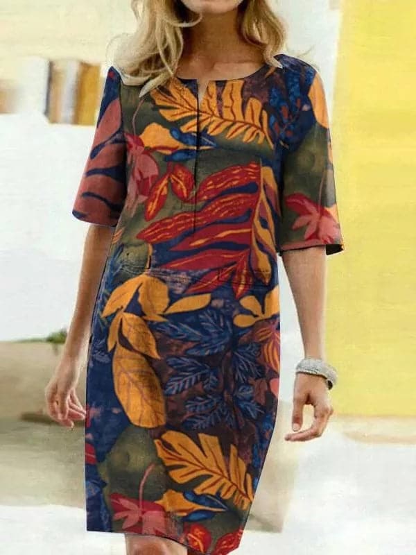 Women’s Knee-Length Dress – Relaxed Fit – Half Sleeve – Bold Print – Breathable Blend