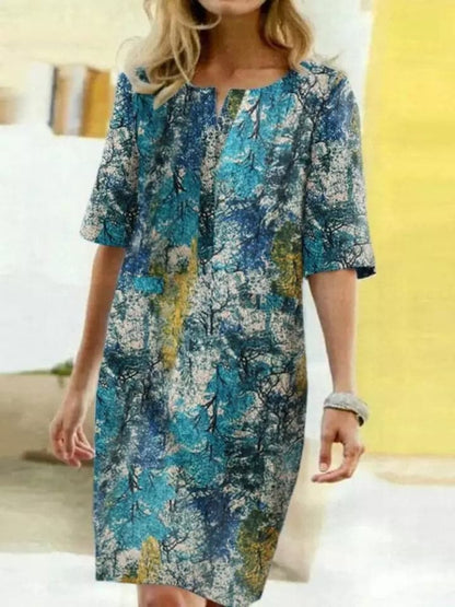 Women’s Knee-Length Dress – Relaxed Fit – Half Sleeve – Bold Print – Breathable Blend