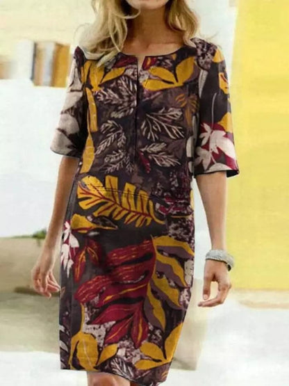 Women’s Knee-Length Dress – Relaxed Fit – Half Sleeve – Bold Print – Breathable Blend