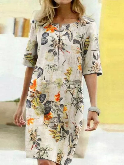 Women’s Knee-Length Dress – Relaxed Fit – Half Sleeve – Bold Print – Breathable Blend
