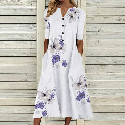 Women’s Midi Dress – V-Neck – Button Down – Floral Butterfly Print – Cotton Blend – Pockets