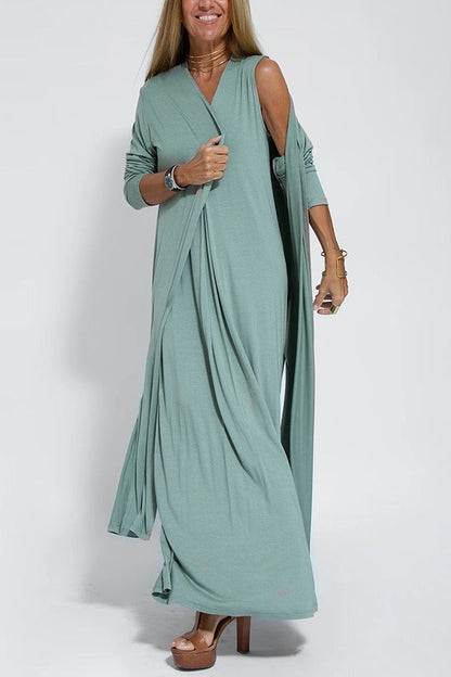 Women’s Sleeveless Dress - V-Neck Flowy Fit - Elegant Pleated Detail