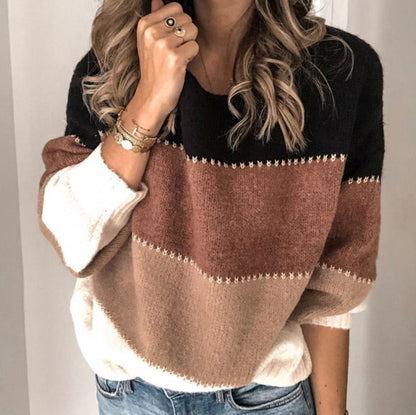 Women's long sleeve striped round neck pullover sweater