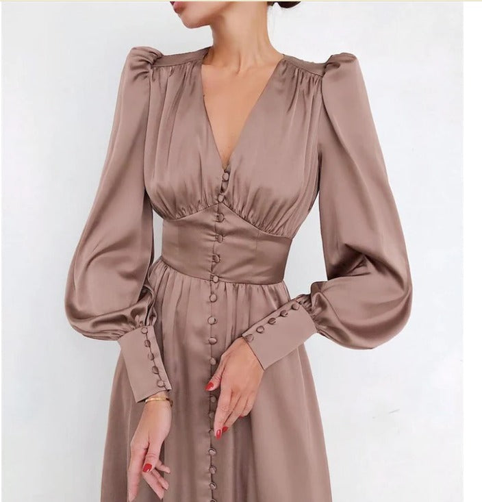 Satin Finish Puff Sleeve Midi Dress