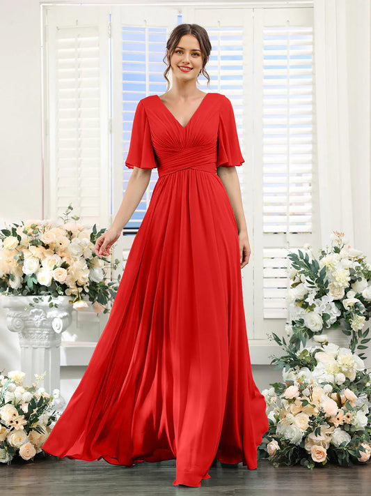 Ruched Waist Flutter Sleeve Formal Gown