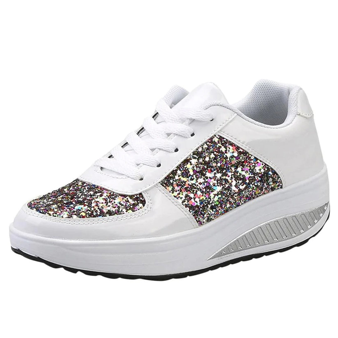 Women's Platform Sneakers - Glitter Embellished - Lace-Up - Fashionable Casual Wear