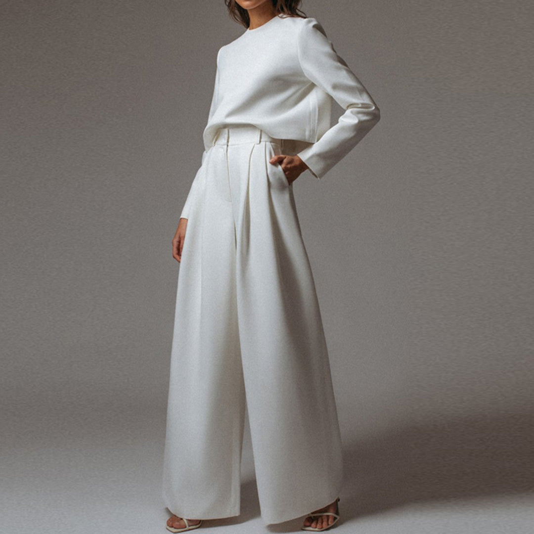 Women's casual long sleeve top and high waist wide leg trouser set