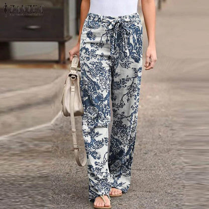 Women's Casual Pants - Floral Print - Relaxed Fit - Drawstring Waist - Lightweight
