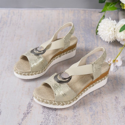 Women's Wedge Orthopedic Sandals - Open Toe - Textured Strap with Metallic Ring - Braided Sole
