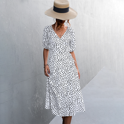 Women's Wrap Dress - Polka Dot Print - Midi Length - Puff Sleeve Elegant Fit