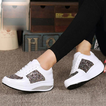Women's Platform Sneakers - Glitter Embellished - Lace-Up - Fashionable Casual Wear