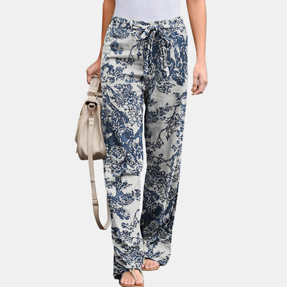 Women's Casual Pants - Floral Print - Relaxed Fit - Drawstring Waist - Lightweight