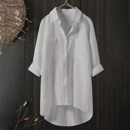 Women's Linen Button-Up Shirt - Oversized Fit - Long Sleeve - High-Low Hem - Casual Wear