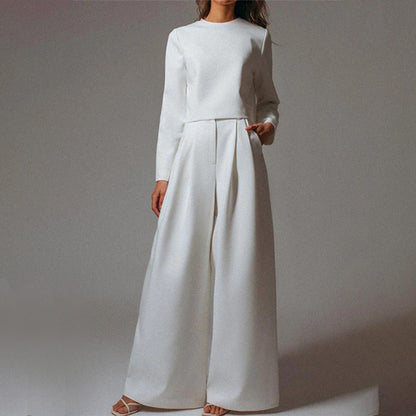 Women's casual long sleeve top and high waist wide leg trouser set