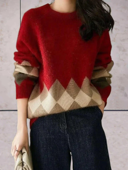 Women's oversized knitted sweater with diamond pattern sweater