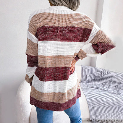 Women's autumn winter contrast color striped lantern sleeve cardigan