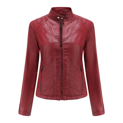 Women's casual leather stand collar jacket
