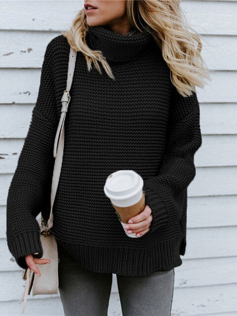 Women's thick line high-neck knitted pullover sweater