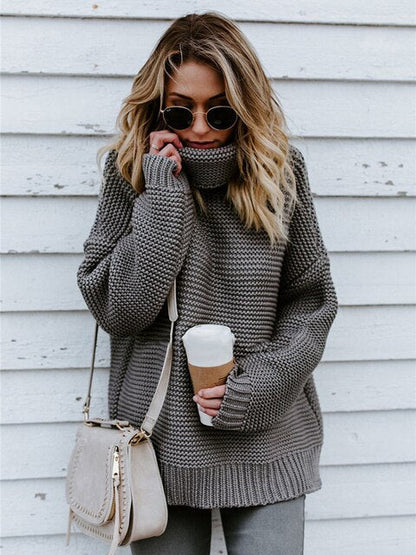 Women's thick line high-neck knitted pullover sweater
