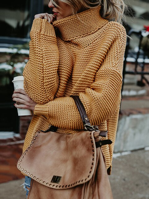 Women's thick line high-neck knitted pullover sweater