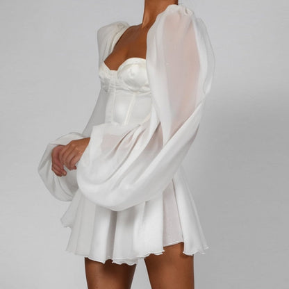 Women's Mini Dress - Corset Bodice - Sweetheart Neckline - Sheer Puff Sleeves
