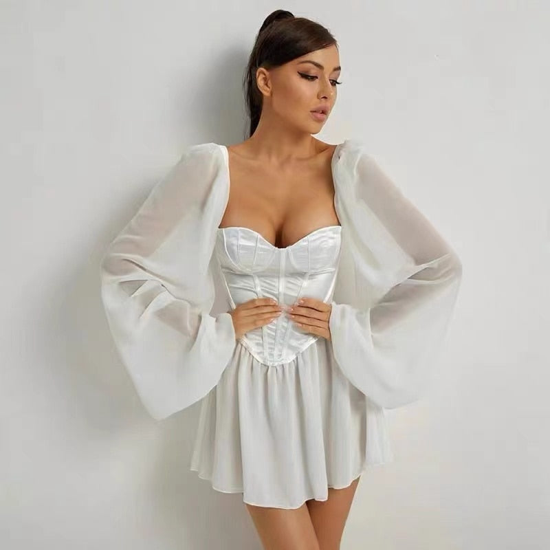 Women's Mini Dress - Corset Bodice - Sweetheart Neckline - Sheer Puff Sleeves