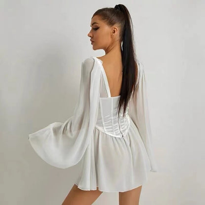 Women's Mini Dress - Corset Bodice - Sweetheart Neckline - Sheer Puff Sleeves