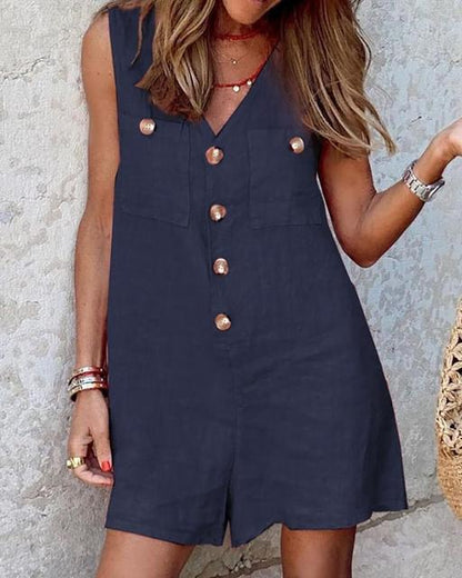 Women's Sleeveless Romper - V-Neck Button Down - Lightweight Linen Blend - Casual Fit